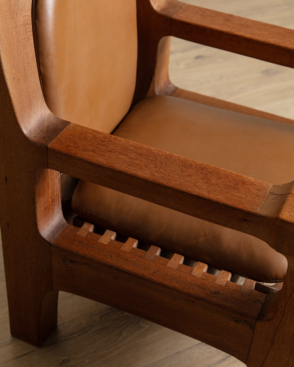 Dutch Brutalist Oak & Leather Lounge Chair, 1970's