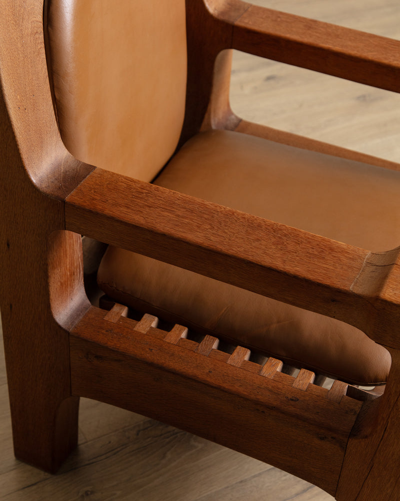 Dutch Brutalist Oak & Leather Lounge Chair, 1970's