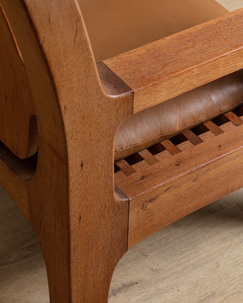 Dutch Brutalist Oak & Leather Lounge Chair, 1970's
