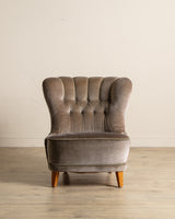 Danish Taupe Velvet Tufted Lounge Chair, 1960's