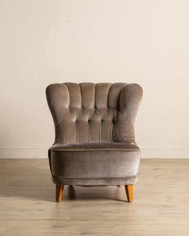 Danish Taupe Velvet Tufted Lounge Chair, 1960's