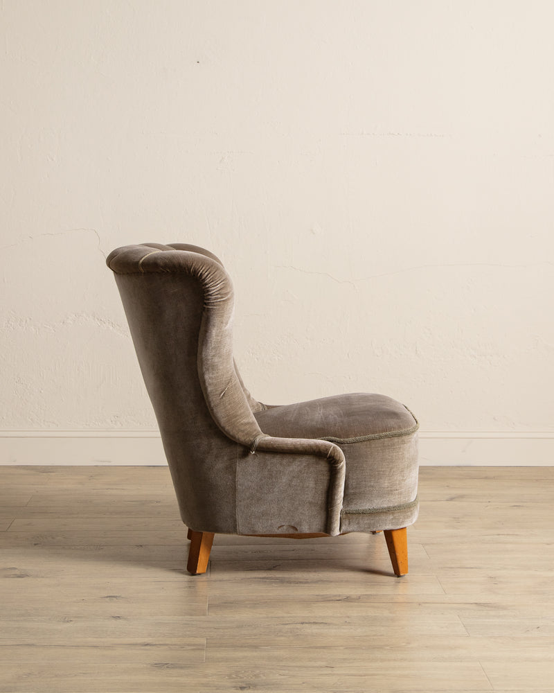 Danish Taupe Velvet Tufted Lounge Chair, 1960's