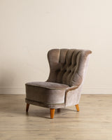 Danish Taupe Velvet Tufted Lounge Chair, 1960's
