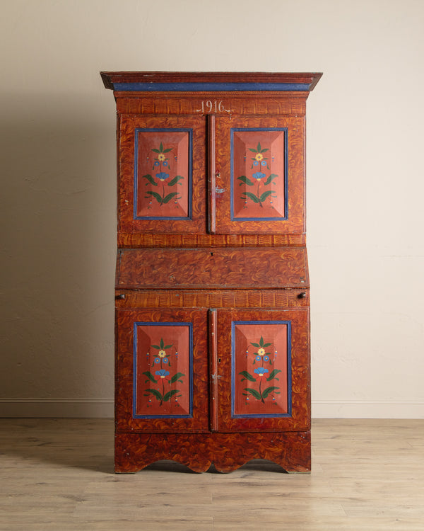 Scandinavian Folk Art Paint Secretary Cabinet, Dated 1916