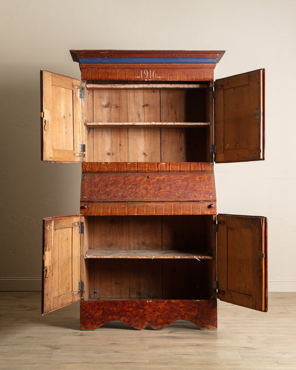 Scandinavian Folk Art Paint Secretary Cabinet, Dated 1916