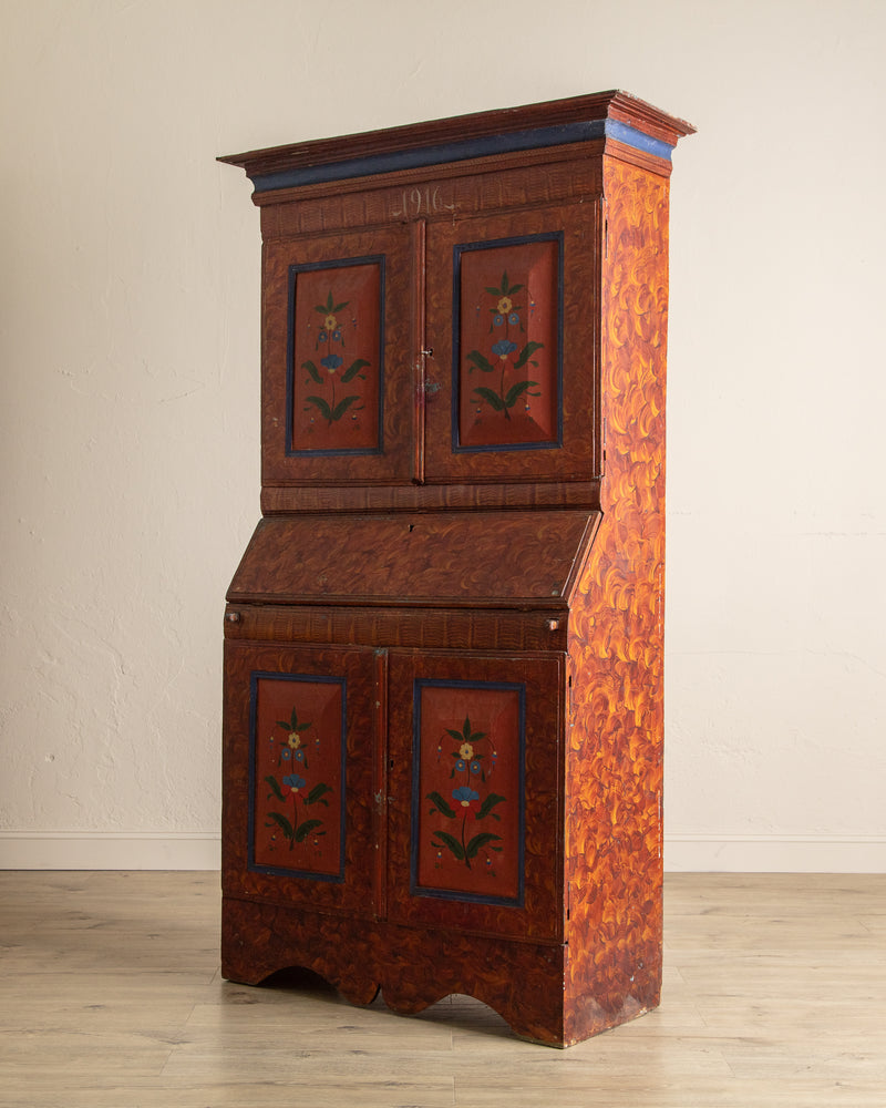Scandinavian Folk Art Painted Secretary Cabinet, Dated 1916