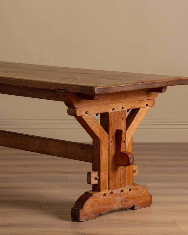 84" Brutalist Solid Oak Architectural Dining Table, France, 1950's - Lone Fox