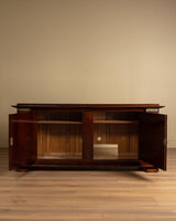 92" Mahogany & Bronze Pillar Mount Sideboard Manner of Andre Arbus, France, 1950's - Lone Fox
