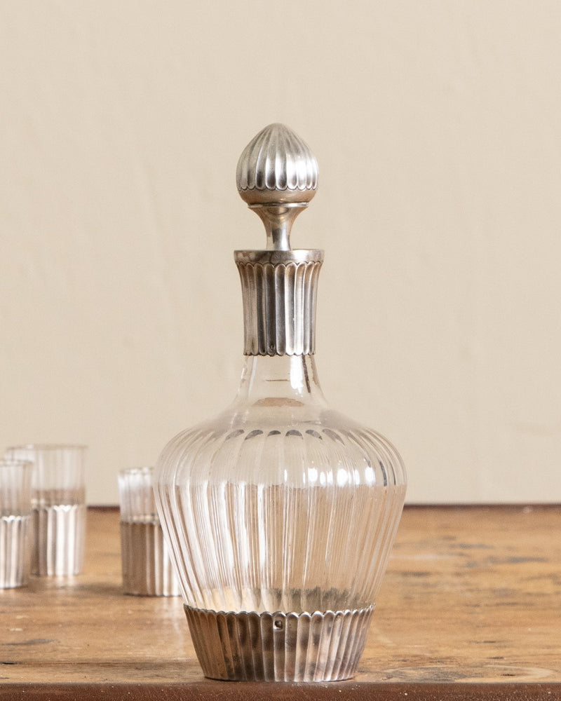 .950 Silver & Glass Decanter w/ 5 Glasses, France, 1920's - Lone Fox