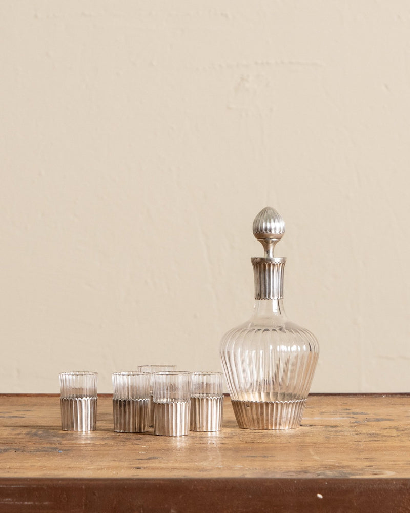 .950 Silver & Glass Decanter w/ 5 Glasses, France, 1920's - Lone Fox