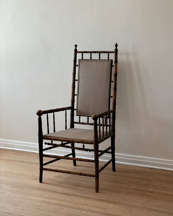 Wooden Carved Bamboo Armchair With Linen Upholstery