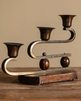 Pair of Brass and Wood Double Arm Candelabra, Scandinavian, 1940's