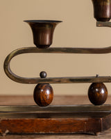 Pair of Brass and Wood Double Arm Candelabra, Scandinavian, 1940's
