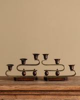 Pair of Brass and Wood Double Arm Candelabra, Scandinavian, 1940's