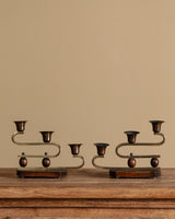 Pair of Brass and Wood Double Arm Candelabra, Scandinavian, 1940's