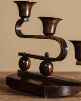Pair of Brass and Wood Double Arm Candelabra, Scandinavian, 1940's