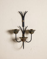 Brass and Black Three-Arm Wall Candle Sconce, Scandinavian, Mid-20th Century