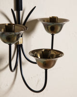 Brass and Black Three-Arm Wall Candle Sconce, Scandinavian, Mid-20th Century