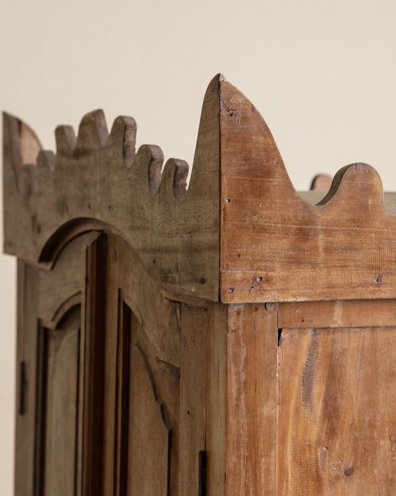 Aged Spanish Wood Cabinet w/ Carved Crown - Lone Fox