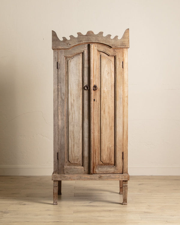 Aged Spanish Wood Cabinet w/ Carved Crown - Lone Fox