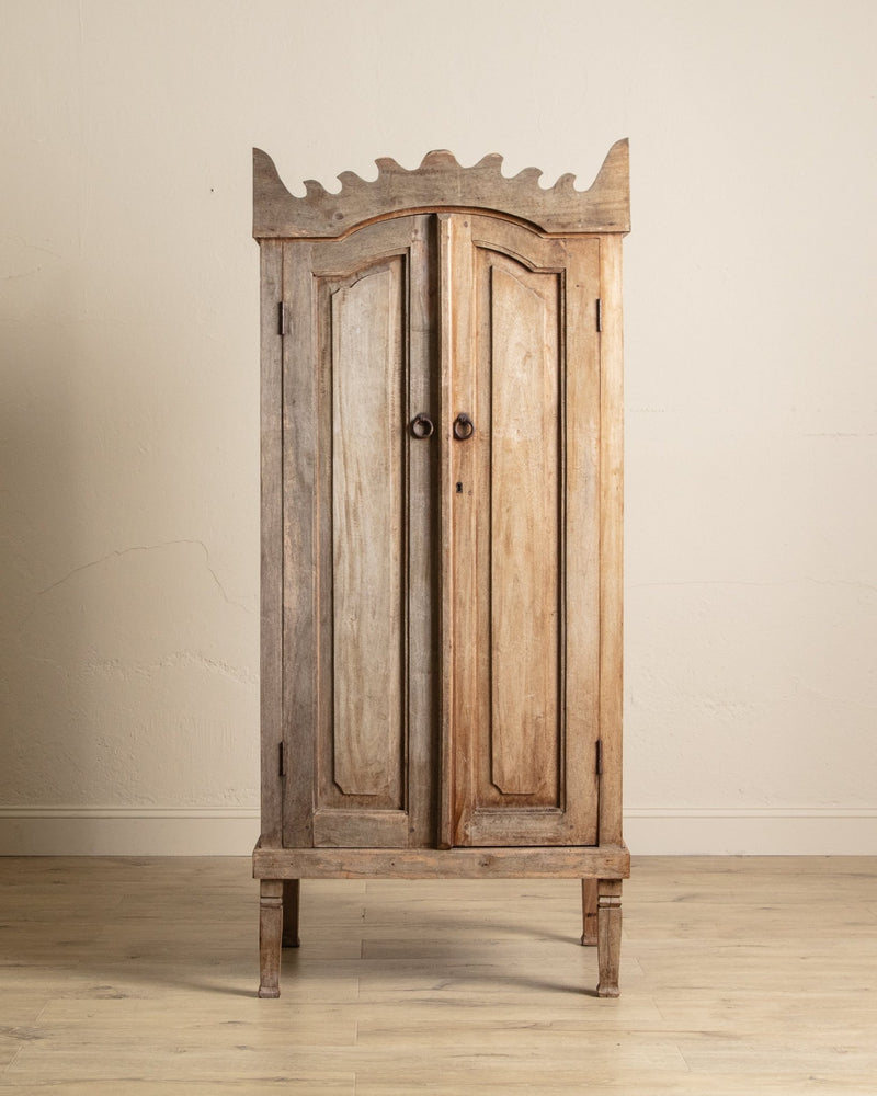 Aged Spanish Wood Cabinet w/ Carved Crown - Lone Fox