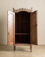 Aged Spanish Wood Cabinet w/ Carved Crown - Lone Fox