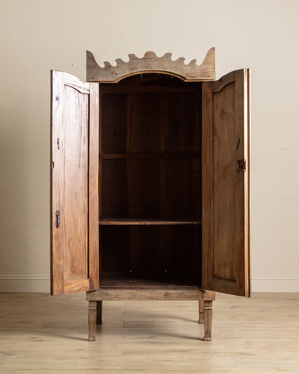 Aged Spanish Wood Cabinet w/ Carved Crown - Lone Fox