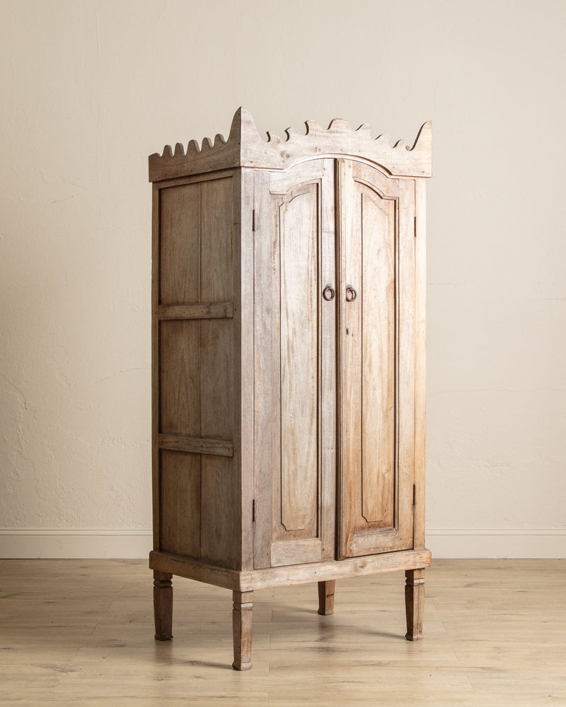 Aged Spanish Wood Cabinet w/ Carved Crown - Lone Fox