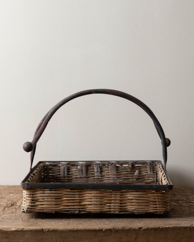 Aged Wicker Tray w/ Handmade Iron Handles - Lone Fox