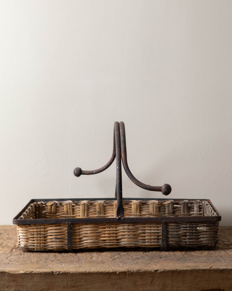 Aged Wicker Tray w/ Handmade Iron Handles - Lone Fox