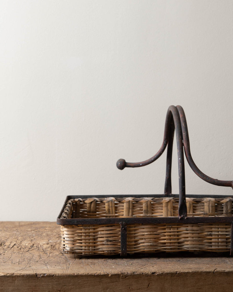 Aged Wicker Tray w/ Handmade Iron Handles - Lone Fox