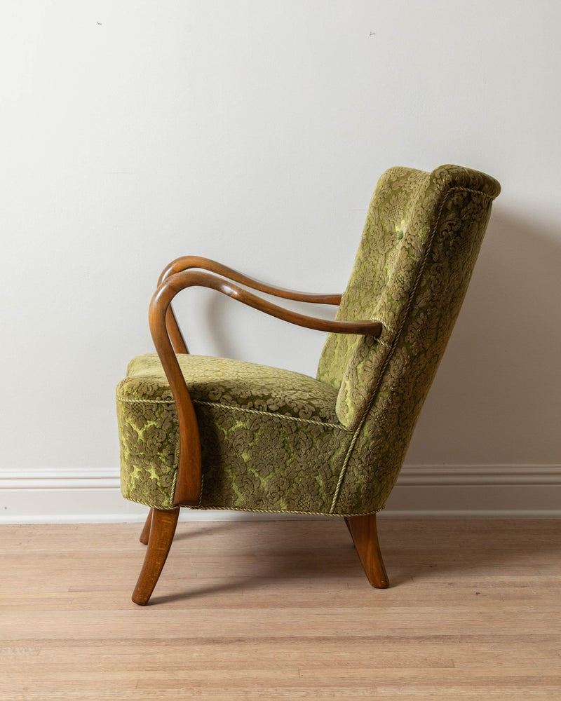 Alfred Christensen Green Damask Velvet Armchair, 1960's - Lone Fox