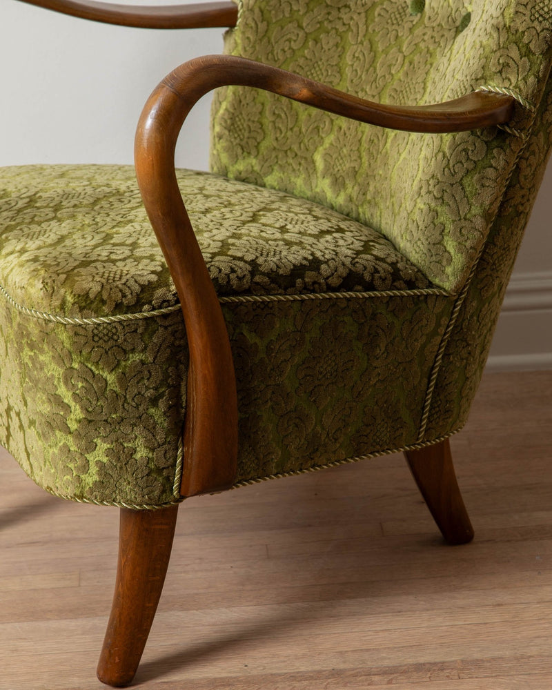 Alfred Christensen Green Damask Velvet Armchair, 1960's - Lone Fox