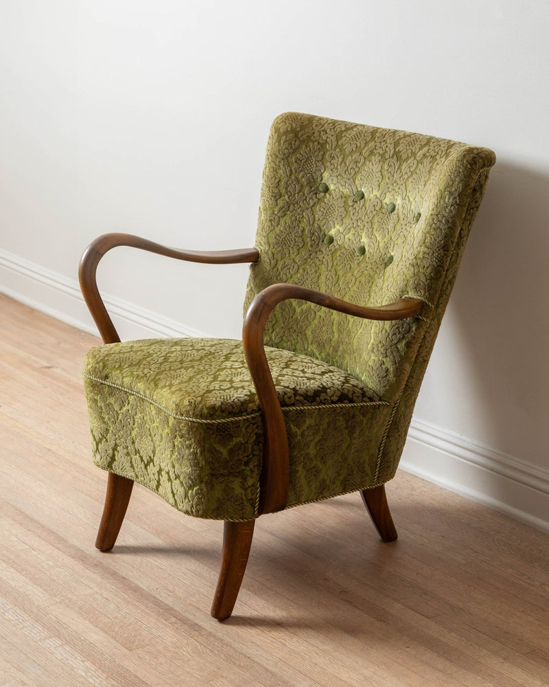 Alfred Christensen Green Damask Velvet Armchair, 1960's - Lone Fox