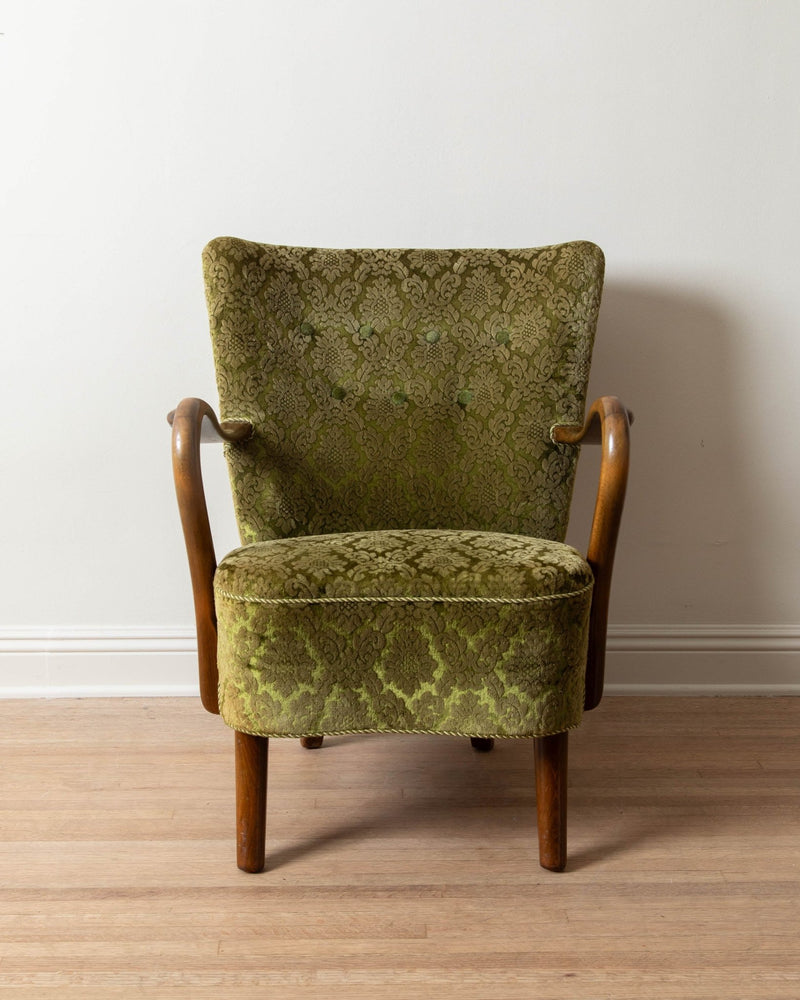 Alfred Christensen Green Damask Velvet Armchair, 1960's - Lone Fox