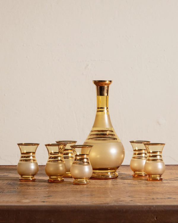 Amber & Gold Blown Glass Decanter & Set of 6 Glasses - Lone Fox
