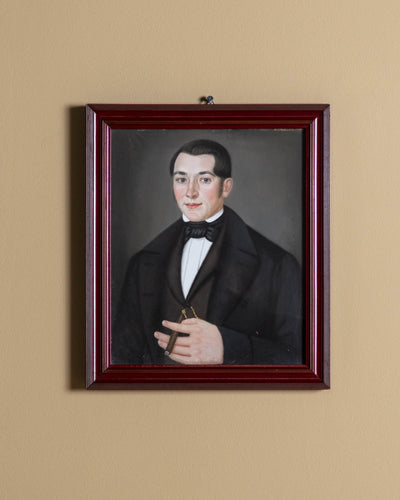 American Folk Portrait of a Gentleman with Cigar Oil Painting, Circa 1840s - Lone Fox