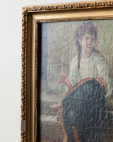 Antique European Woman Sewing on Steps Oil Painting - Lone Fox