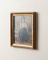 Antique European Woman Sewing on Steps Oil Painting - Lone Fox