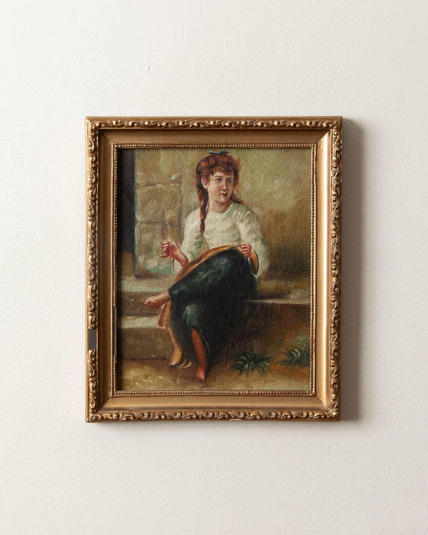 Antique European Woman Sewing on Steps Oil Painting - Lone Fox