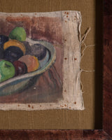Antique French Fruit Painting Remnant on Khaki Linen and Framed - Lone Fox