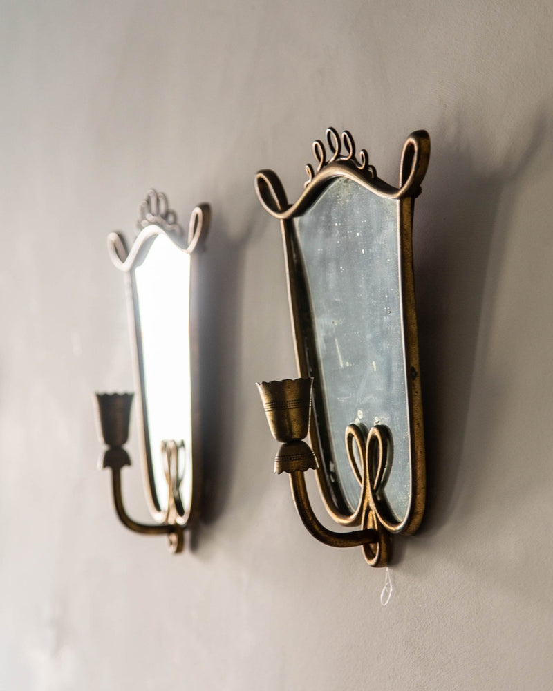 Antique Mirror & Brass Crest Sconces Attr. Gio Ponti (Pair) - Lone Fox