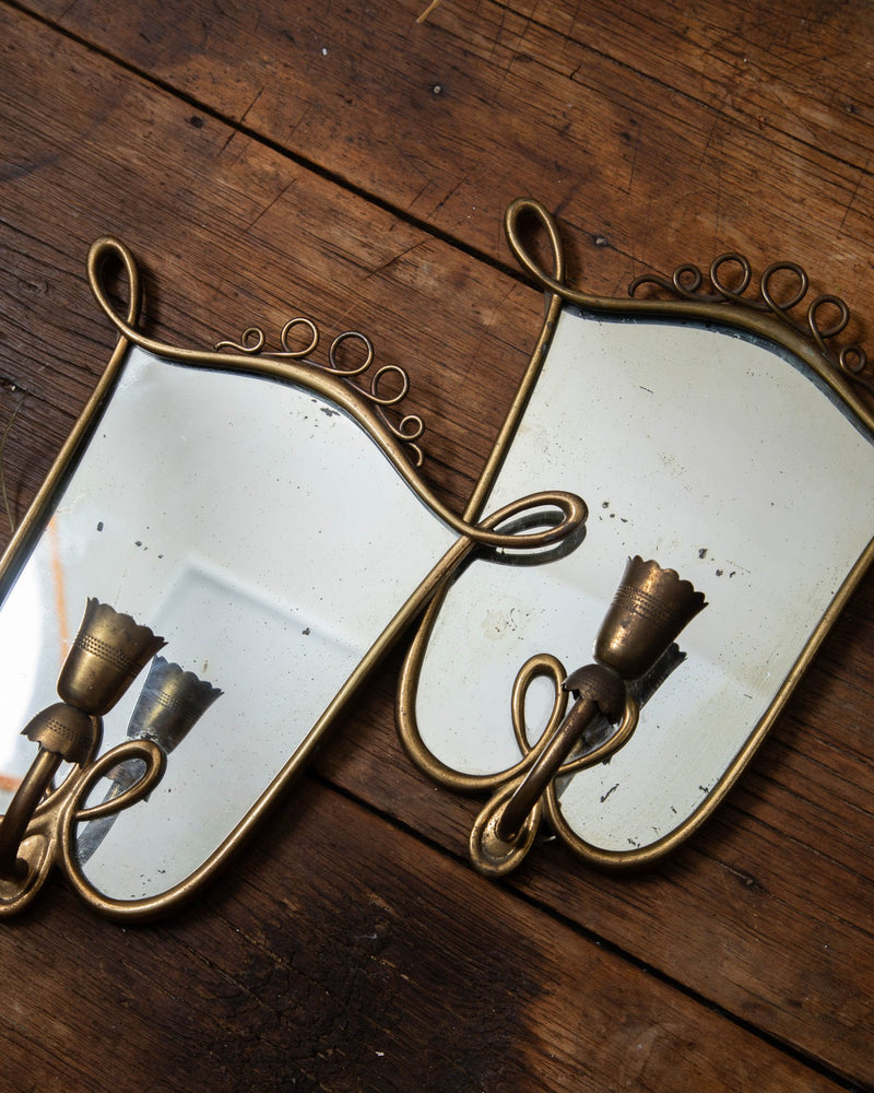 Antique Mirror & Brass Crest Sconces Attr. Gio Ponti (Pair) - Lone Fox