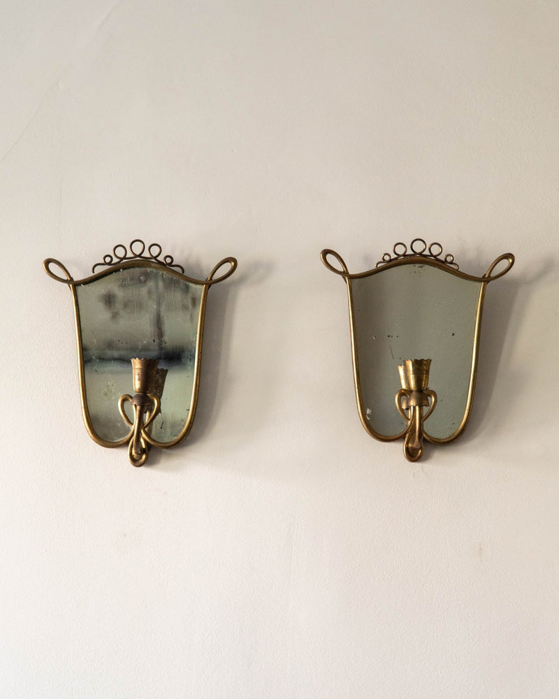 Antique Mirror & Brass Crest Sconces Attr. Gio Ponti (Pair) - Lone Fox