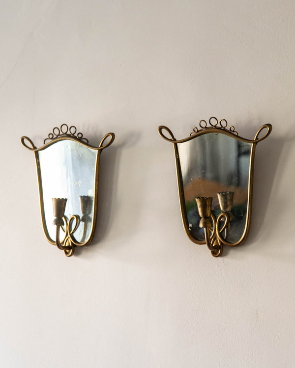 Antique Mirror & Brass Crest Sconces Attr. Gio Ponti (Pair) - Lone Fox