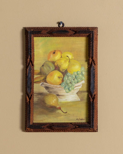 Apples & Pear Still Life Oil Painting in Tramp Art Frame - Lone Fox