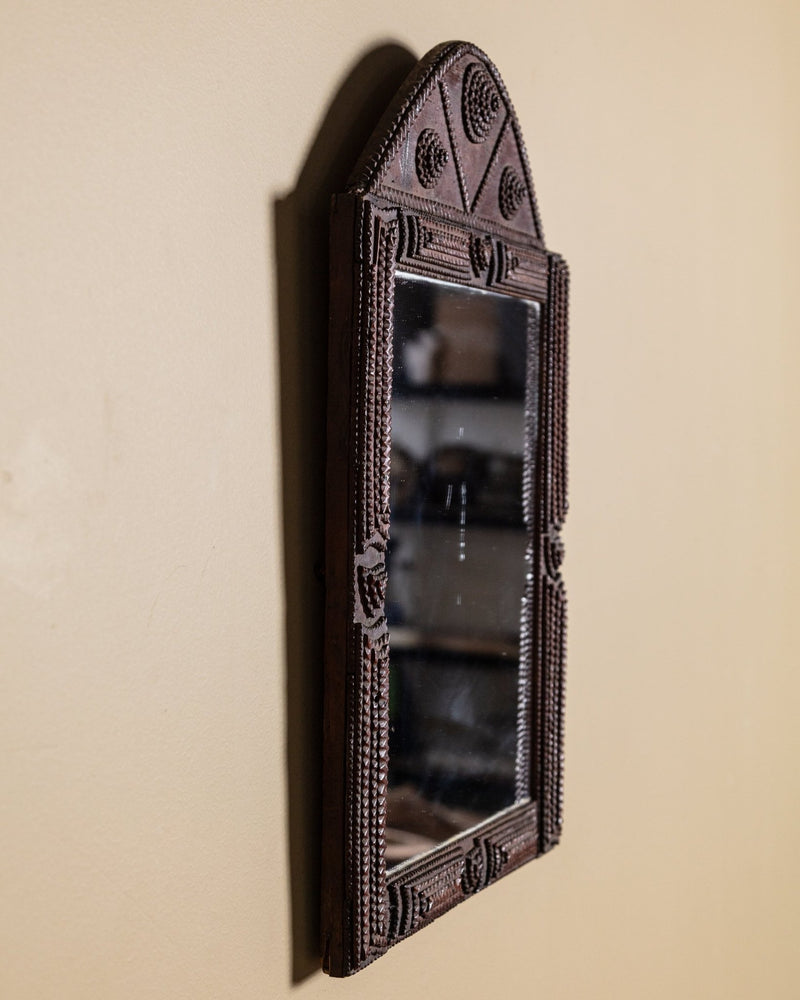 Arched Tramp Art Mirror with Carved Rosettes, Late 19th Century