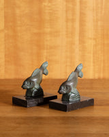Art Deco Bronze & Marble Fish Bookends, France, 1930's - Lone Fox