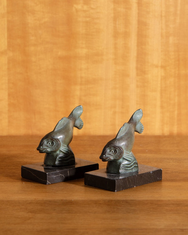 Art Deco Bronze & Marble Fish Bookends, France, 1930's - Lone Fox