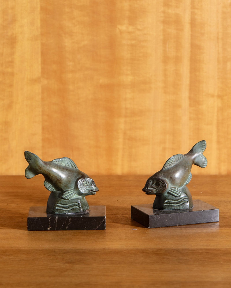 Art Deco Bronze & Marble Fish Bookends, France, 1930's - Lone Fox